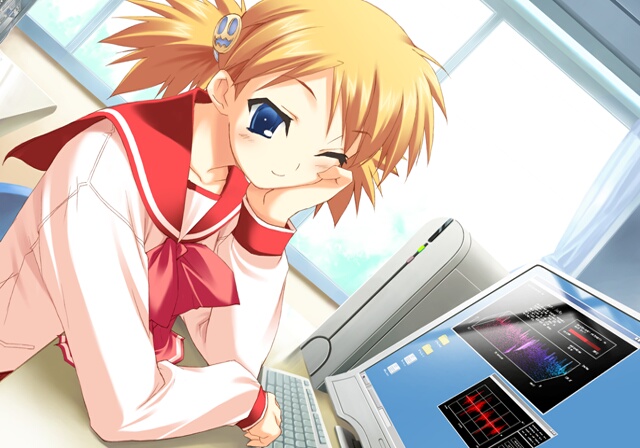 kawata hisashi, sasamori karin, to heart (series), to heart 2, game cg, 00s, 1girl, ;), arm support, backlighting, blonde hair, blue eyes, blush, bow, brown hair, cardigan, chair, classroom, closed mouth, computer, computer keyboard, computer tower, curtains, day, desk, dutch angle, female focus, food-themed hair ornament, from side, hair ornament, happy, head rest, indoors, laptop, long sleeves, monitor, office chair, one eye closed, parted bangs, pocket, pumpkin hair ornament, school, school desk, school uniform, serafuku, short hair, short twintails, sitting, smile, solo, sunlight, swivel chair, table, twintails, upper body, window