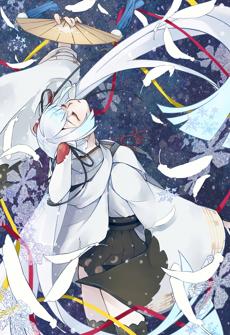 matsuyangu, hatsune miku, yuki miku, yuki miku (2018), vocaloid, 1girl, arm up, black skirt, black thighhighs, chihaya (clothing), closed eyes, falling feathers, feathers, folding fan, hand fan, holding, holding fan, japanese clothes, long sleeves, miko, musical note, musical note print, musical staff, musical staff print, official alternate costume, official alternate hairstyle, open mouth, pleated skirt, skirt, snowflakes, solo, thighhighs, white feathers, white hair, wide sleeves
