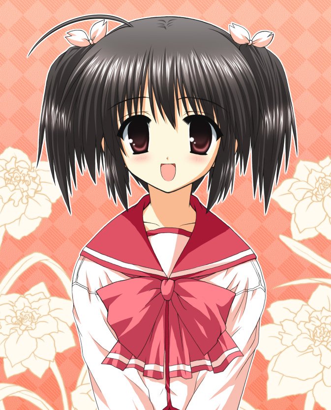 waiai, yuzuhara konomi, to heart (series), to heart 2, 00s, 1girl, :d, blush, brown hair, female focus, floral background, long sleeves, looking at viewer, open mouth, red eyes, sailor collar, school uniform, serafuku, simple background, smile, solo, v arms