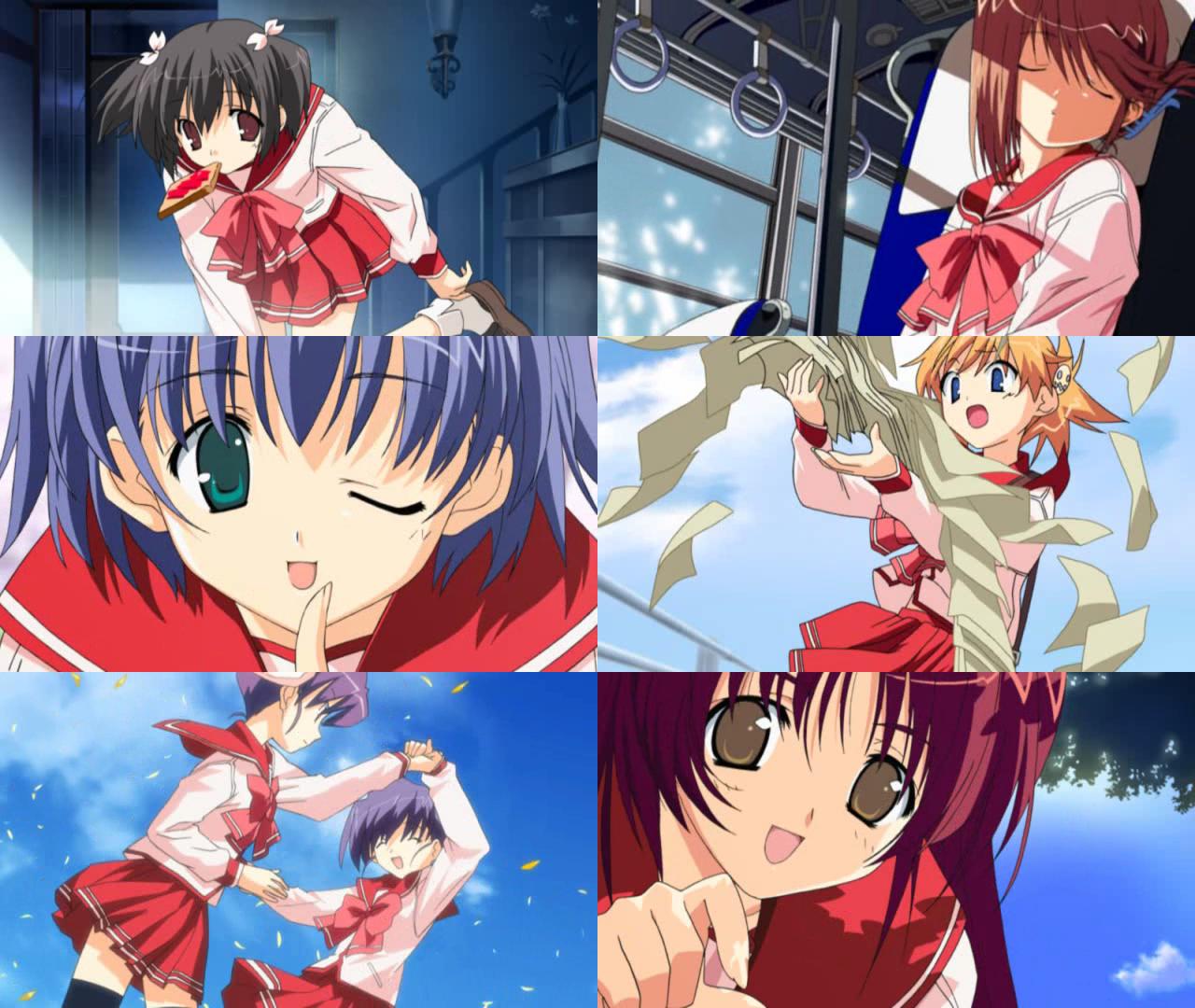 himeyuri ruri, himeyuri sango, komaki manaka, kousaka tamaki, sasamori karin, tonami yuma, yuzuhara konomi, to heart (series), to heart 2, 00s, 6+girls, bun cover, collage, double bun, folded ponytail, hair bun, multiple girls, pleated skirt, school uniform, serafuku, skirt, thighhighs
