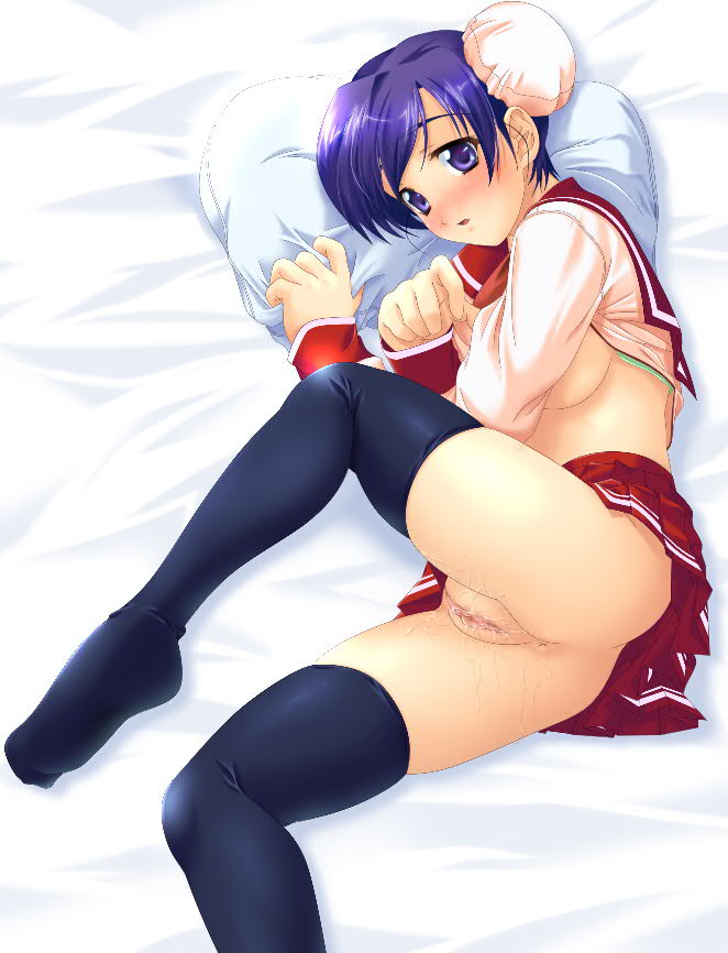 acid head, himeyuri sango, to heart 2, jpeg artifacts, ass, no panties, pleated skirt, pussy, pussy juice, school uniform, skirt, thighhighs, uncensored
