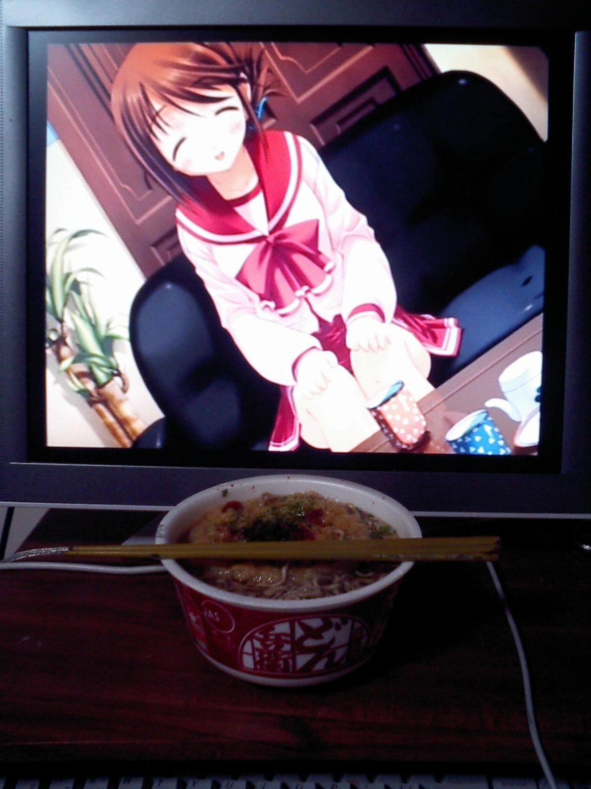amazuyu tatsuki, komaki manaka, to heart (series), to heart 2, game cg, highres, photo (medium), 00s, 1girl, :d, ^ ^, blush, bow, breasts, brown hair, cable, chopsticks, closed eyes, computer keyboard, couch, cup, cup ramen, dark, desk, donbee (food), donbei tempura soba, door, dutch angle, folded ponytail, food, hair ornament, hands on own knees, happy, indoors, instant soba, lonely, long skirt, medium breasts, monitor, nissin donbei, noodles, on couch, open mouth, parted bangs, plant, pleated skirt, ramen, red bow, red skirt, reflection, school uniform, serafuku, shirt, short hair, sitting, skirt, smile, table, teapot, udon, white shirt