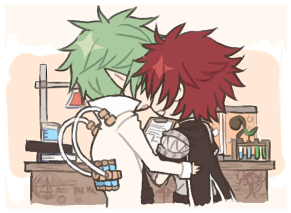 creator (ragnarok online), genetic (ragnarok online), ragnarok online, commentary, english commentary, 2boys, astrarunia, black cape, cape, clipboard, coat, green hair, holding, holding clipboard, long sleeves, looking at another, multiple boys, open mouth, pointy ears, potion, red hair, short hair, smile, upper body, vial, white coat