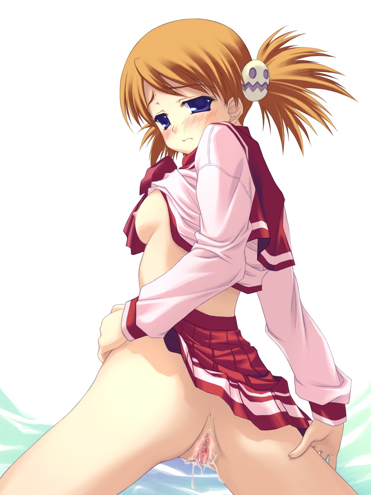 acid head, sasamori karin, to heart (series), to heart 2, duplicate, highres, 00s, 1girl, ass, blue eyes, blush, breasts, clitoris, clothes lift, female focus, nipples, no bra, no panties, pleated skirt, pussy, pussy juice, school uniform, serafuku, skirt, skirt lift, small breasts, solo, twintails, uncensored, urethra
