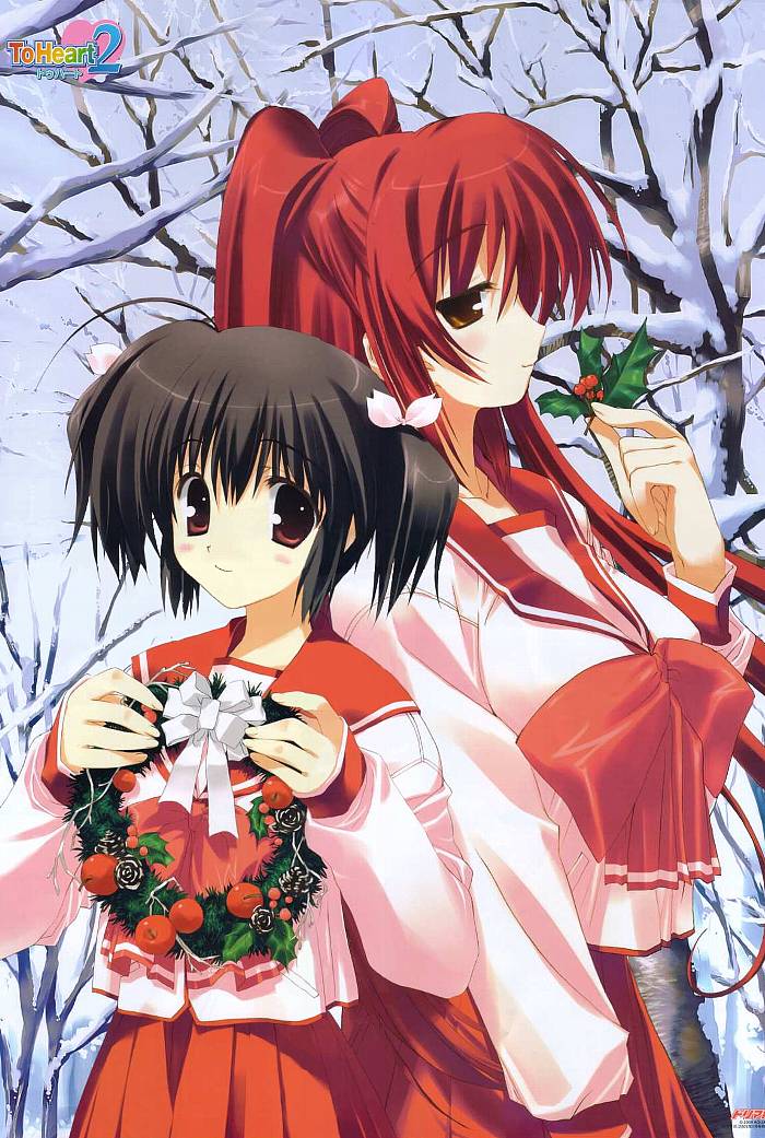 mitsumi misato, kousaka tamaki, yuzuhara konomi, to heart (series), to heart 2, 00s, 2girls, brown eyes, brown hair, long hair, multiple girls, red hair, school uniform, snow, twintails