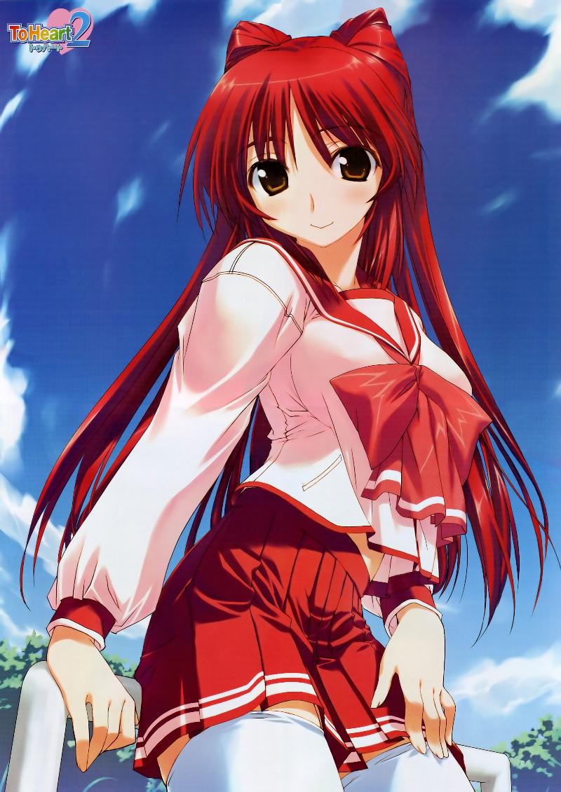 amazuyu tatsuki, kousaka tamaki, to heart (series), to heart 2, 00s, 1girl, brown eyes, day, female focus, long hair, outdoors, pleated skirt, red hair, school uniform, serafuku, skirt, solo, thighhighs, white thighhighs, zettai ryouiki
