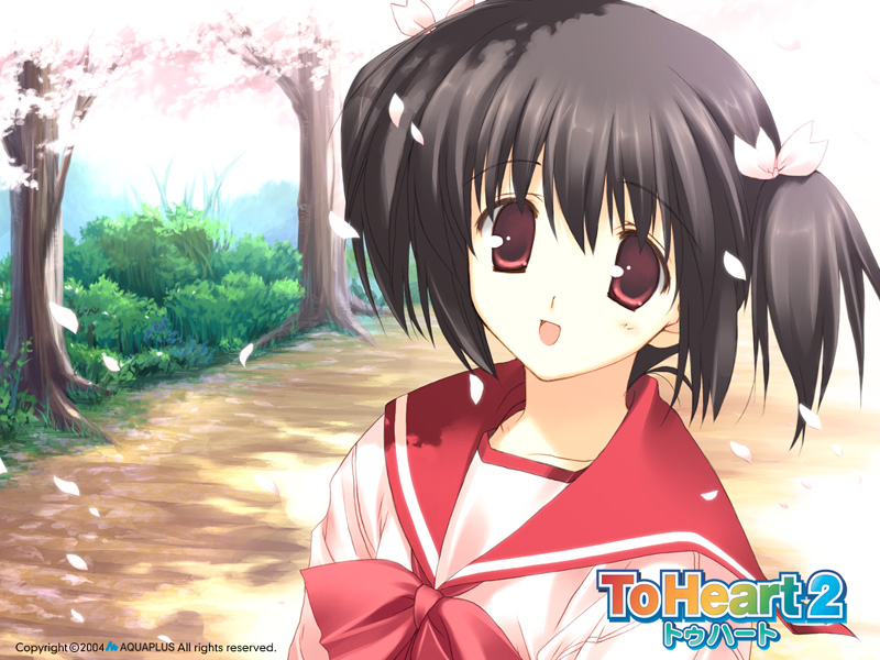 mitsumi misato, yuzuhara konomi, to heart (series), to heart 2, official art, official wallpaper, 00s, copyright notice, english text, school uniform, serafuku, solo