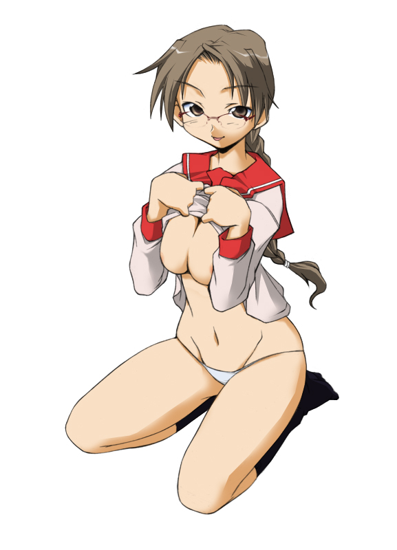 hoshina tomoko, to heart, to heart (series), 1girl, :p, black socks, blue panties, blush, braid, breasts, brown eyes, brown hair, clothes lift, female focus, glasses, kneeling, large breasts, lowleg, lowleg panties, navel, no pants, panties, school uniform, seiza, serafuku, shirt lift, single braid, sitting, socks, solo, tongue, tongue out, underwear