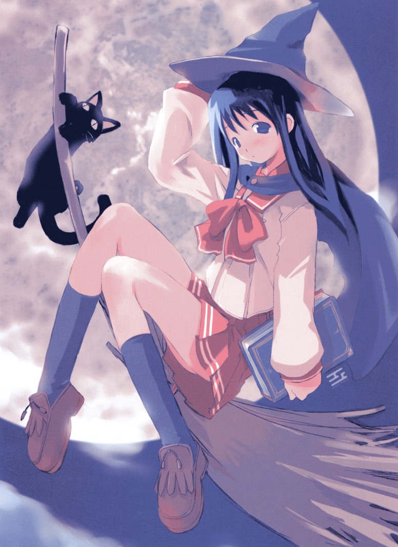 harada takehito, kurusugawa serika, to heart, to heart (series), 1girl, blue eyes, blue hair, book, broom, broom riding, cat, female focus, full moon, hat, long hair, matching hair/eyes, moon, pleated skirt, school uniform, serafuku, sidesaddle, skirt, solo, witch hat
