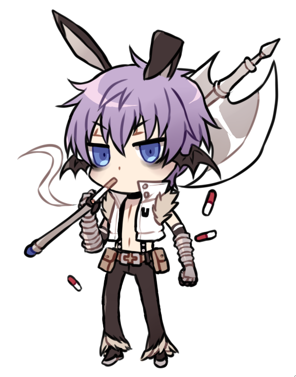 whitesmith (ragnarok online), ragnarok online, commentary, english commentary, 1boy, animal ears, astrarunia, axe, bags under eyes, belt pouch, black gloves, black pants, black shoes, blue eyes, chibi, chibi only, cigarette, closed mouth, crop top, demon wings, expressionless, fake animal ears, full body, fur-trimmed pants, fur-trimmed shirt, fur trim, gloves, head wings, holding, holding axe, looking at viewer, male focus, open clothes, open shirt, pants, pouch, purple hair, rabbit ears, shirt, shoes, short hair, simple background, sleeveless, sleeveless shirt, smoking, solo, standing, suspenders, v-shaped eyebrows, vambraces, white background, white shirt, wings