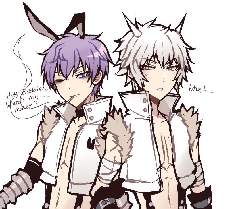 whitesmith (ragnarok online), ragnarok online, commentary, english commentary, 2boys, animal ears, astrarunia, bags under eyes, black gloves, blue eyes, cigarette, cone horns, crop top, elbow gloves, english text, fake animal ears, fur-trimmed shirt, fur trim, gloves, grey eyes, grey hair, grin, horns, looking at another, looking to the side, male focus, multiple boys, navel, one eye closed, open clothes, open shirt, purple hair, rabbit ears, shirt, short hair, simple background, sleeveless, sleeveless shirt, smile, smoking, suspenders, upper body, v-shaped eyebrows, white background, white horns, white shirt