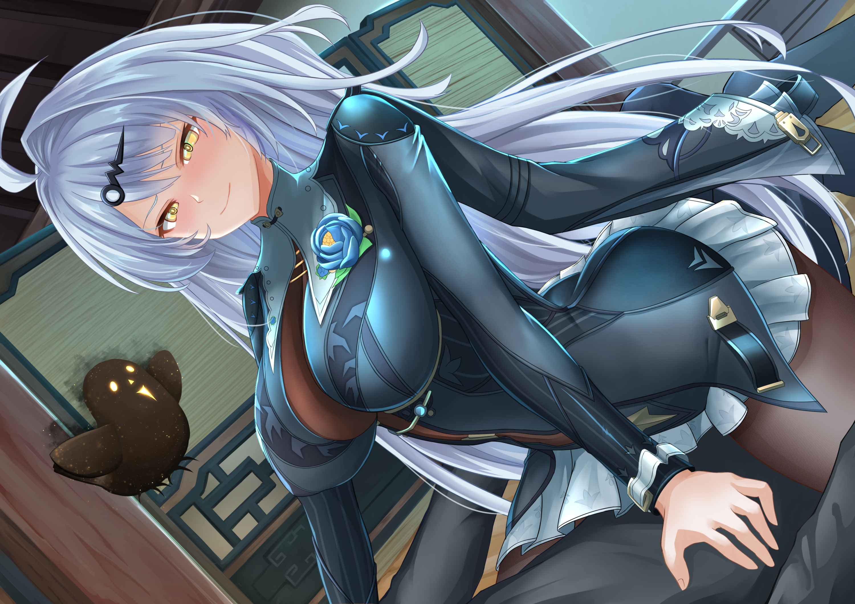 troy (oxaa01ex), yixuan (trails of ink) (zenless zone zero), yixuan (zenless zone zero), zenless zone zero, highres, 1girl, 1other, black jacket, black pantyhose, blush, breasts, cleavage, closed mouth, girl on top, jacket, large breasts, long hair, looking at viewer, official alternate costume, pantyhose, very long hair, white hair, yellow eyes