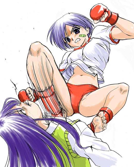 kurusugawa ayaka, matsubara aoi, to heart, to heart (series), light purple hair, 2girls, battle, buruma, clenched teeth, fingerless gloves, kicking, long sleeves, mma gloves, multiple girls, navel, purple eyes, shirt, short sleeves, sweater vest, teeth, toeless legwear, toes, white shirt