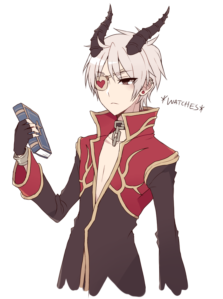 priest (ragnarok online), ragnarok online, commentary, english commentary, 1boy, astrarunia, black coat, black gloves, black horns, book, brown eyes, chain, chain leash, closed mouth, coat, earrings, expressionless, eyepatch, fingerless gloves, gloves, gold trim, grey hair, heart, heart eyepatch, holding, holding book, horns, jewelry, leash, long sleeves, looking afar, male focus, multicolored coat, red coat, short hair, simple background, solo, stud earrings, two-tone coat, upper body, white background