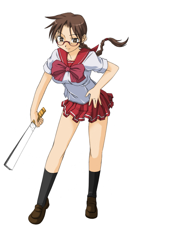 hoshina tomoko, to heart, to heart (series), 1girl, black socks, bow, bowtie, braid, brown hair, collarbone, female focus, folding fan, full body, hand fan, holding, pink bow, pleated skirt, sailor collar, shirt, short sleeves, simple background, single braid, skirt, smile, socks, solo, standing, white background, white shirt