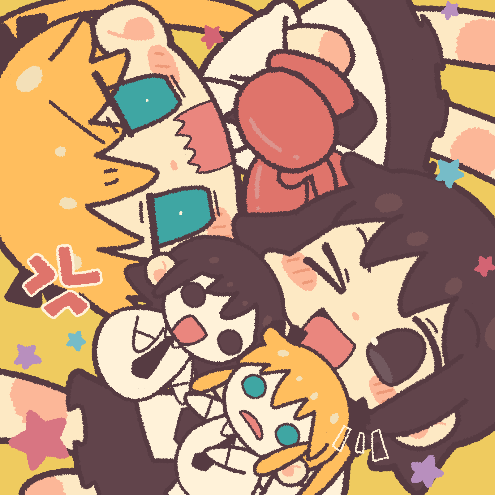 hishimatope, oribe yasuna, sonya (kill me baby), kill me baby, highres, > o, 2girls, anger vein, black necktie, black ribbon, black skirt, blonde hair, blue eyes, boxing gloves, brown eyes, brown hair, collared shirt, hair ribbon, hand puppet, long hair, looking at viewer, multiple girls, necktie, one eye closed, open mouth, pleated skirt, puppet, ribbon, shirt, short hair, short sleeves, skirt, twintails, white shirt