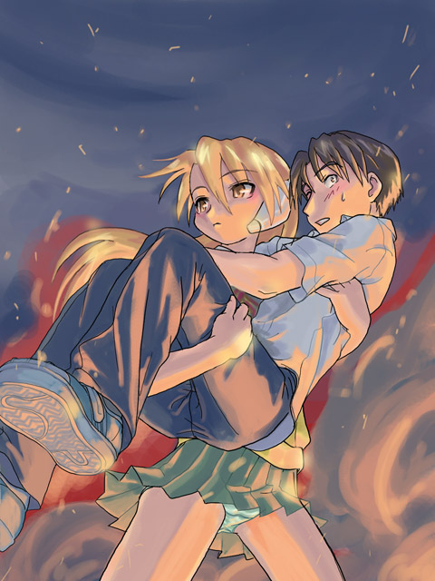 ugai yuichi, fujita hiroyuki, serio (to heart), to heart, to heart (series), 1boy, 1girl, blush, brown eyes, brown hair, carrying, cowboy shot, dress shirt, explosion, fire, green panties, green skirt, hair between eyes, legs apart, long hair, panties, pants, pantyshot, pleated skirt, princess carry, reverse princess carry, robot ears, shirt, shoes, short hair, short sleeves, skirt, standing, sweatdrop, underwear, upskirt