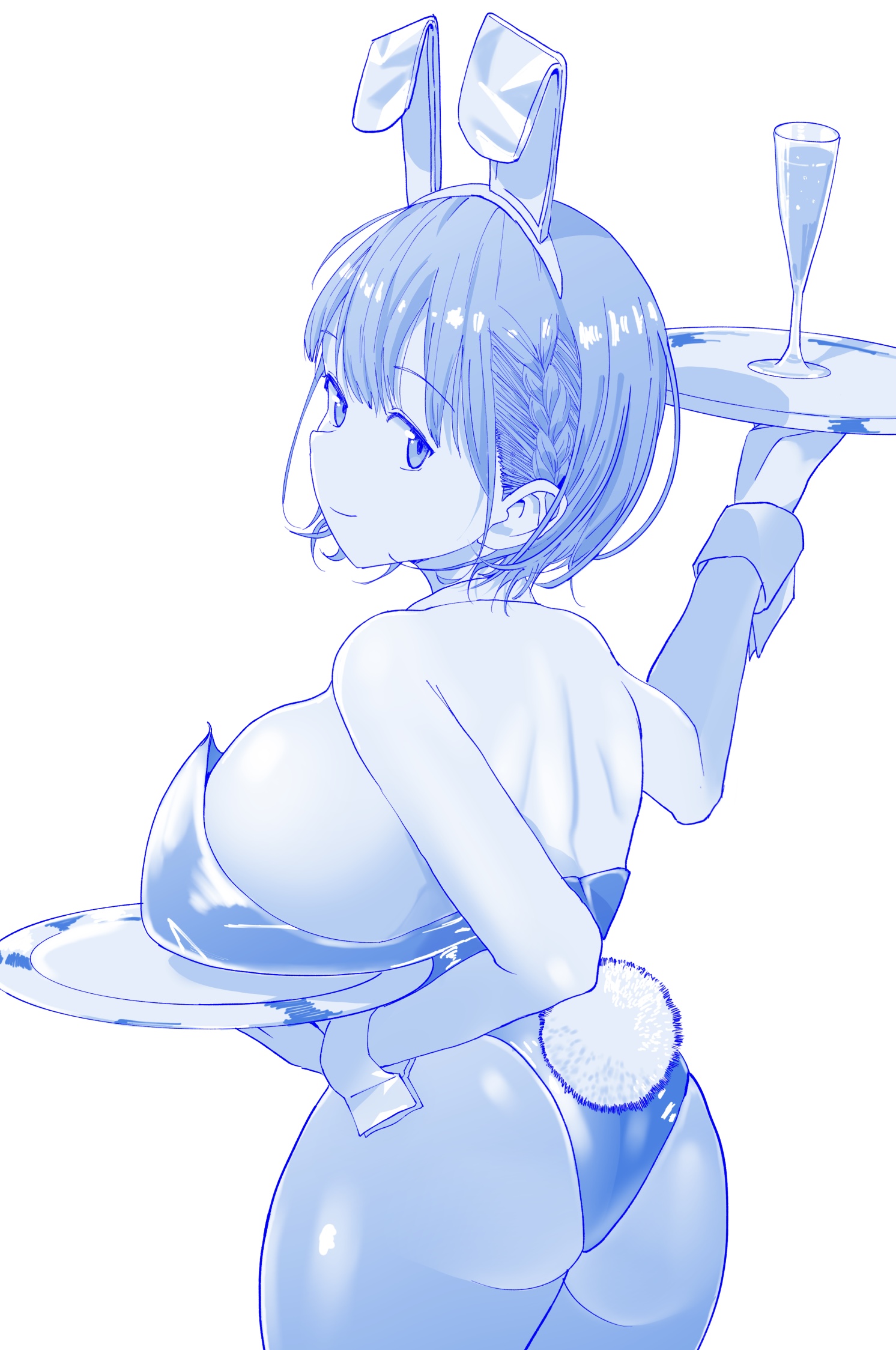 chee maron, ai-chan (tawawa), getsuyoubi no tawawa, commentary request, highres, animal ears, back, bare shoulders, blue theme, braid, breasts, breasts on tray, champagne flute, closed mouth, cup, detached collar, drinking glass, fake animal ears, huge breasts, leotard, monochrome, pantyhose, playboy bunny, rabbit tail, short hair, smile, tail, tray, white background
