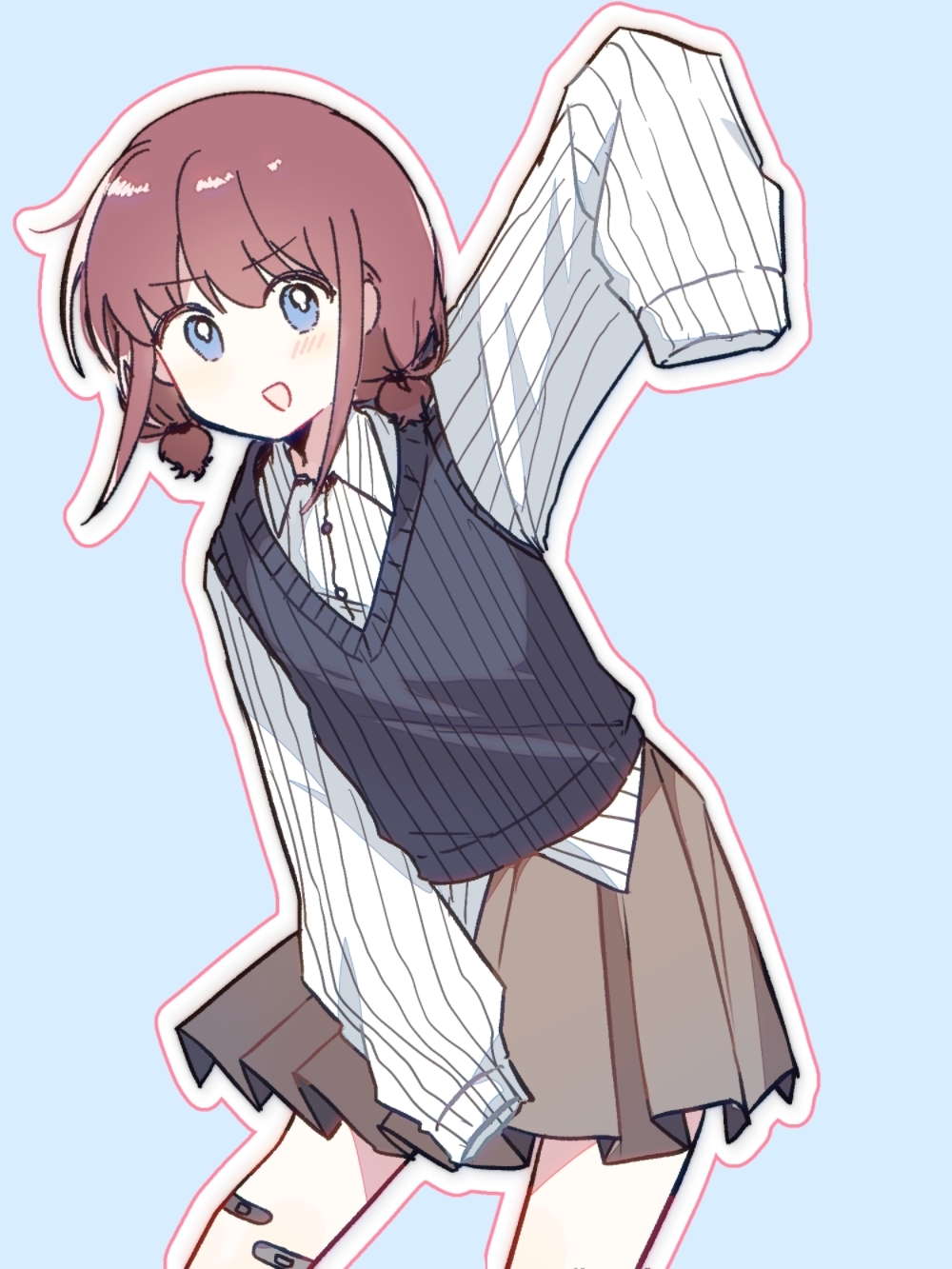 achadtea, iseri nina, girls band cry, chinese commentary, commentary request, highres, 1girl, bandaid, bandaid on leg, blue background, blue eyes, blue sweater vest, brown skirt, cowboy shot, long sleeves, looking at viewer, open mouth, outline, pleated skirt, red hair, shirt, short twintails, simple background, skirt, sleeves past fingers, sleeves past wrists, smile, solo, striped clothes, striped shirt, sweater vest, twintails, white outline, white shirt