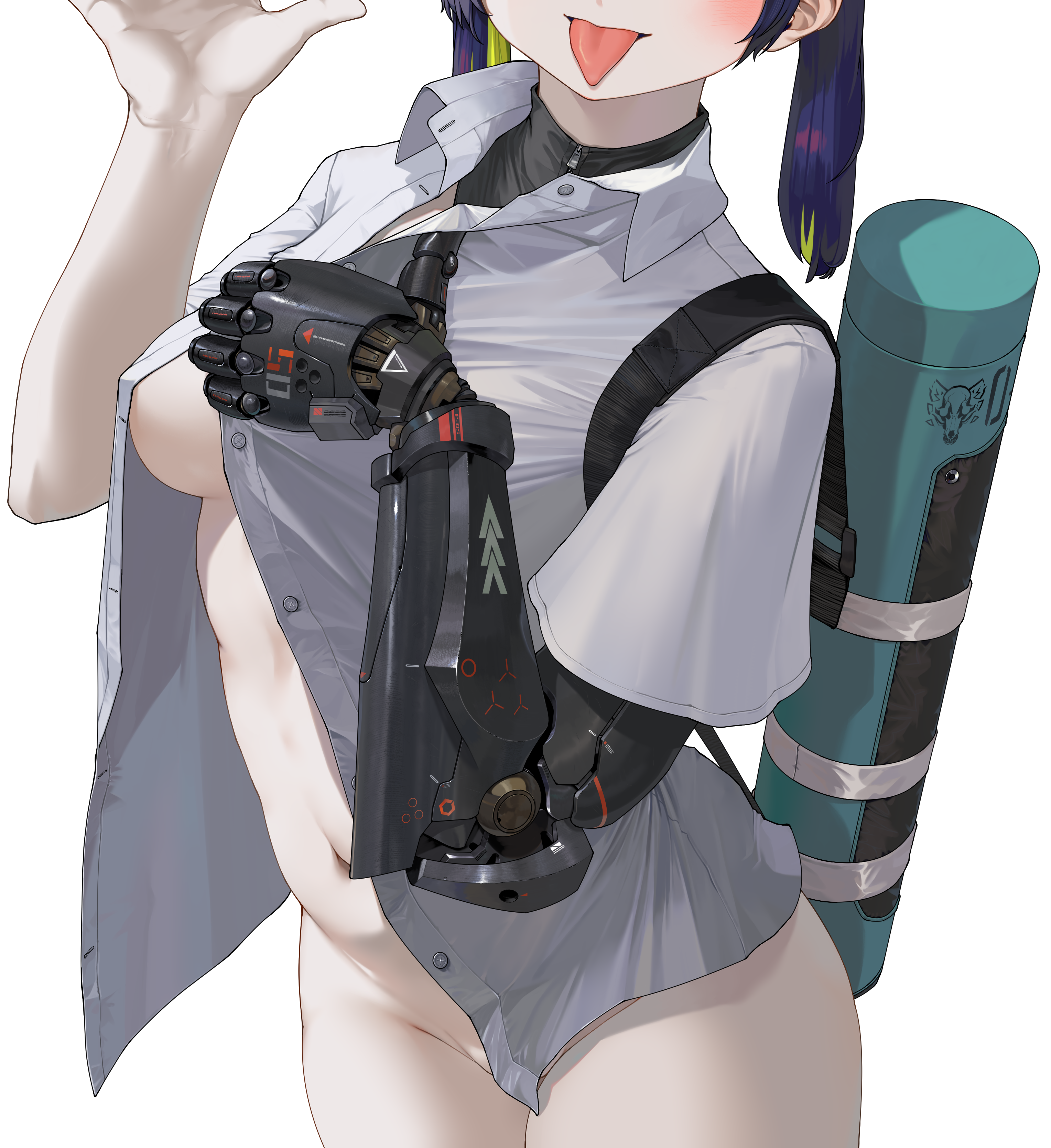 yunimaru, original, absurdres, highres, 1girl, blue hair, breasts, collared shirt, green hair, mechanical arms, multicolored hair, navel, open clothes, open shirt, prosthesis, prosthetic arm, shirt, simple background, single mechanical arm, small breasts, solo, tongue, tongue out, two-tone hair, white background