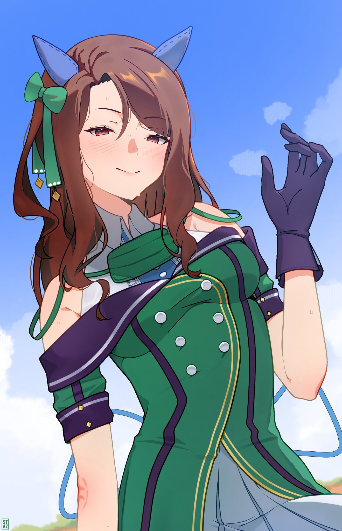 staz008, king halo (umamusume), umamusume, highres, 1girl, animal ears, black gloves, breasts, brown hair, buttons, dress, ear covers, gloves, green dress, horse ears, horse girl, looking at viewer, medium hair, off shoulder, red eyes, smile, solo, sweat