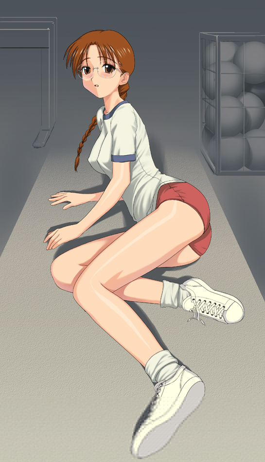 a1 (initial-g), hoshina tomoko, to heart, to heart (series), 1girl, ball, braid, buruma, female focus, glasses, gym storeroom, gym uniform, multiple balls, orange eyes, orange hair, solo