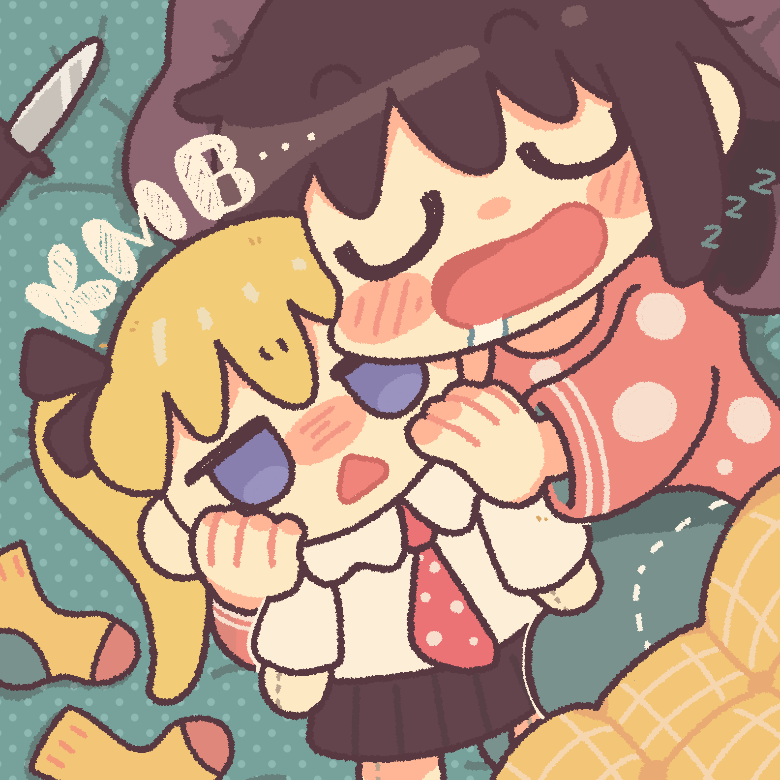 hishimatope, oribe yasuna, sonya (kill me baby), kill me baby, highres, 1girl, alternate costume, blush, brown hair, character doll, closed eyes, doll, drooling, holding, holding stuffed toy, knife, long sleeves, open mouth, pajamas, short hair, sleeping, socks, solo, stuffed toy, u u, unworn socks, zzz