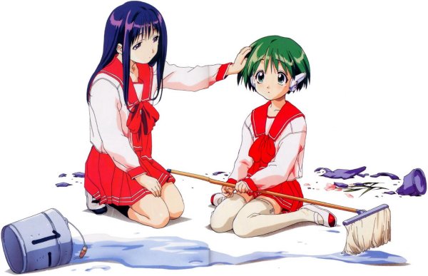 kurusugawa serika, multi (to heart), to heart, to heart (series), accident, blue hair, bucket, bucket spill, green hair, headpat, kneeling, mop, pleated skirt, robot ears, school uniform, serafuku, skirt, spill, thighhighs, water