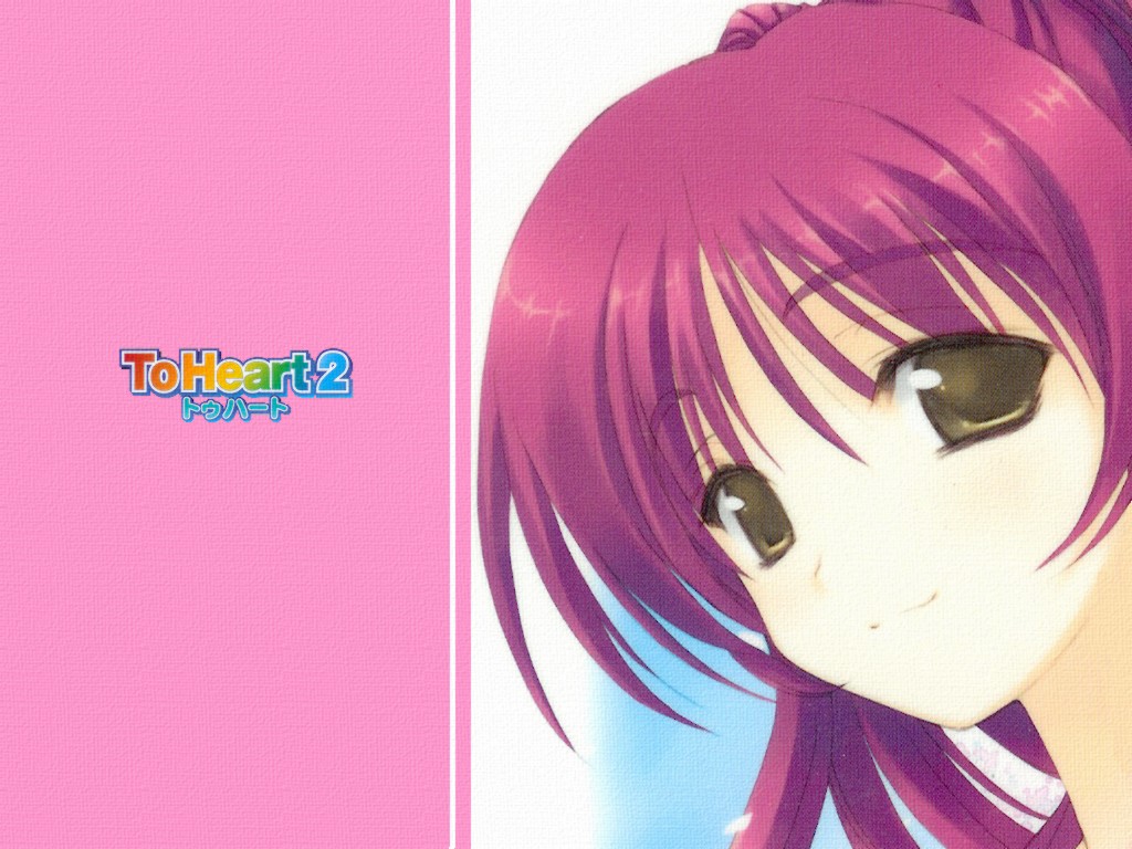 amazuyu tatsuki, mitsumi misato, kousaka tamaki, yuzuhara konomi, to heart (series), to heart 2, 00s, 1girl, :d, brown eyes, copyright name, female focus, gradient background, looking at viewer, open mouth, pink hair, smile, solo