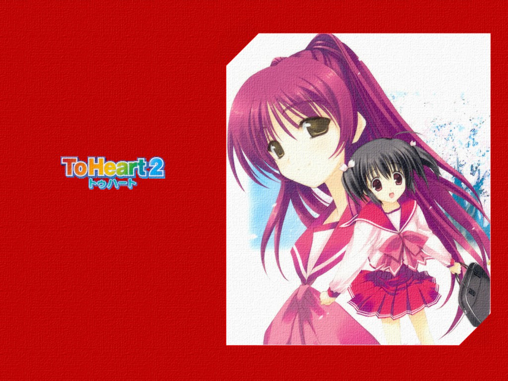 mitsumi misato, kousaka tamaki, yuzuhara konomi, to heart (series), to heart 2, 00s, 2girls, :d, ahoge, ascot, bag, black hair, brown eyes, cherry blossoms, multiple girls, open mouth, pleated skirt, ponytail, red hair, red skirt, sailor collar, school bag, school uniform, skirt, smile, standing, two side up