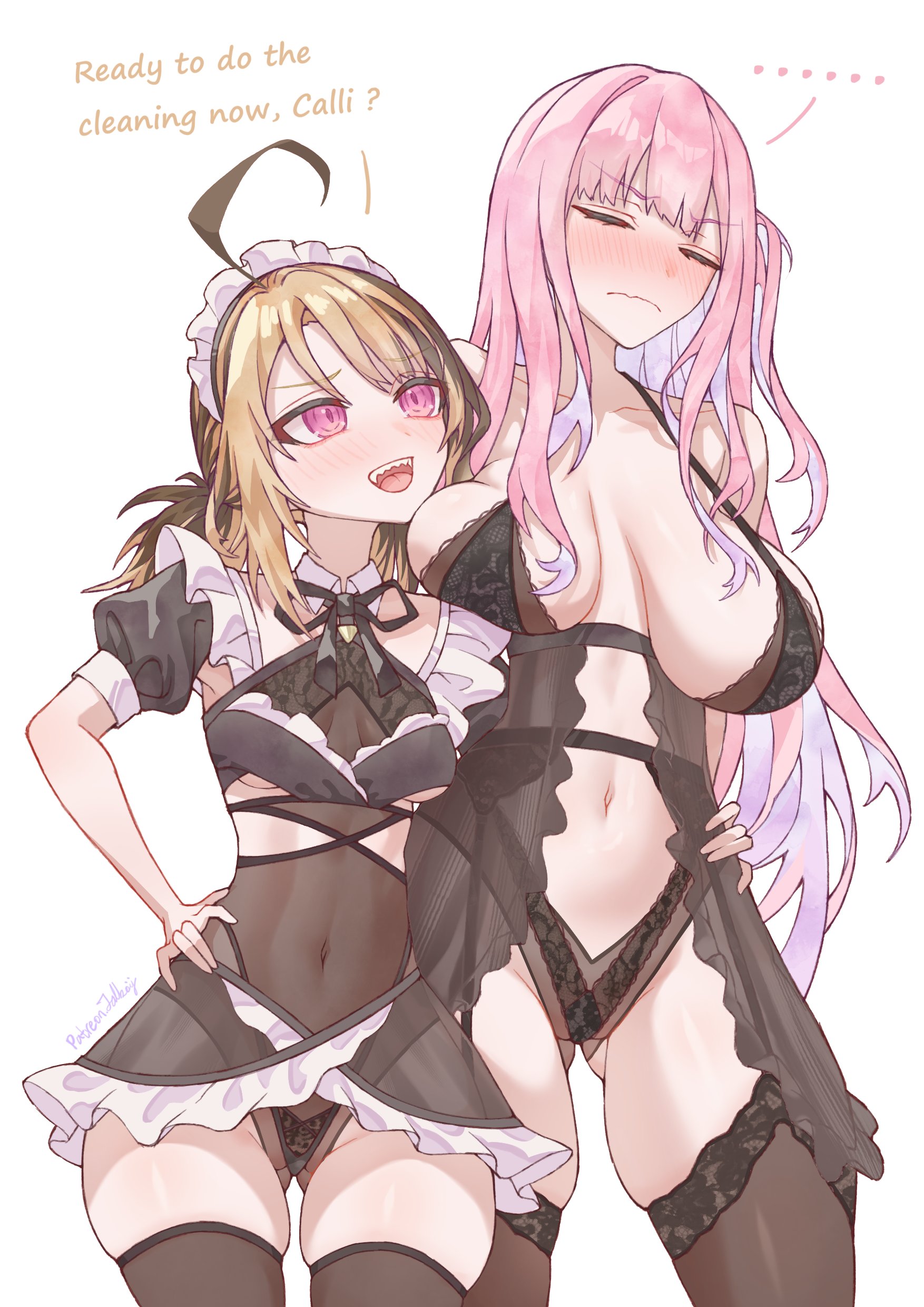 gigi murin, mori calliope, hololive, hololive english, absurdres, highres, …, 2girls, ahoge, black garter belt, black ribbon, black thighhighs, blonde hair, blush, boijfal, breasts, brown hair, closed eyes, closed mouth, covered navel, english text, garter belt, garter straps, gluteal fold, large breasts, leotard, lingerie, long hair, maid headdress, multicolored hair, multiple girls, navel, nose blush, open mouth, pink eyes, pink hair, ribbon, sagging breasts, sharp teeth, small breasts, teeth, thighhighs, twintails, two-tone hair, underwear, virtual youtuber