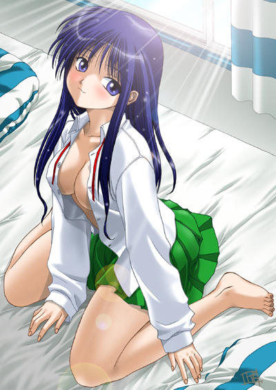 kedo mitsuharu, kurusugawa ayaka, to heart, to heart (series), 1girl, barefoot, bed, blue eyes, blue hair, breasts, cleavage, feet, female focus, large breasts, long hair, long sleeves, matching hair/eyes, open clothes, open shirt, seductive smile, shirt, sitting, skirt, smile, solo, sunlight, wariza