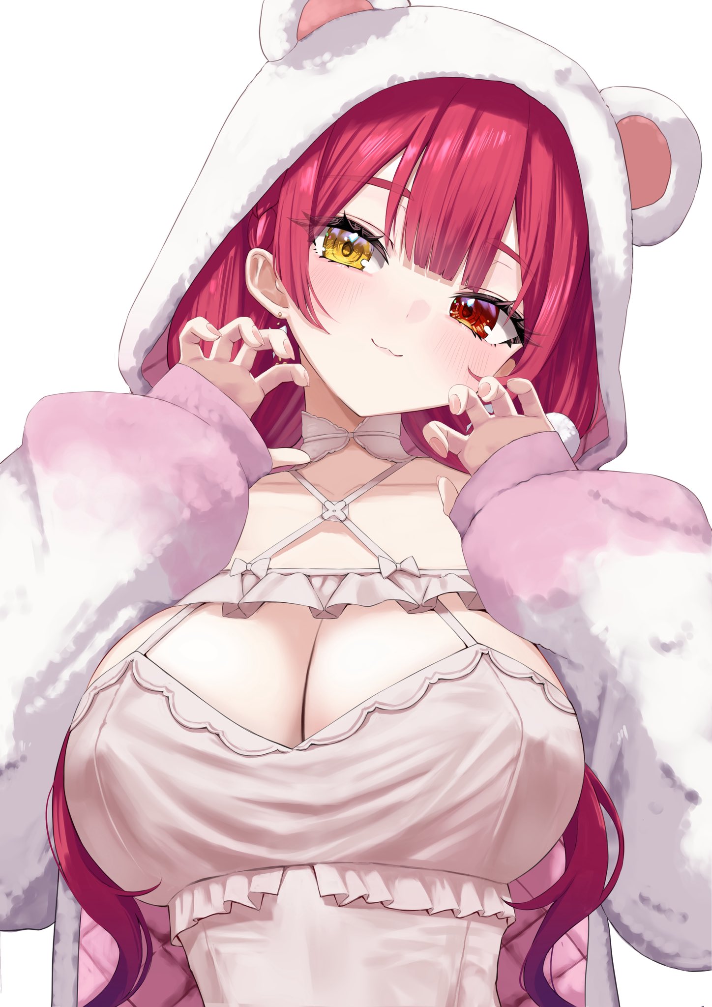 arale (ara1e), houshou marine, houshou marine (roomwear), hololive, highres, 1girl, :3, animal hood, bear hood, breasts, center-flap bangs, claw pose, cleavage, closed mouth, criss-cross halter, dress, halterneck, heterochromia, hood, hooded jacket, jacket, large breasts, long hair, looking at viewer, official alternate costume, official alternate hairstyle, red eyes, red hair, simple background, sleeveless, sleeveless dress, solo, upper body, virtual youtuber, white background, white dress, white jacket, yellow eyes