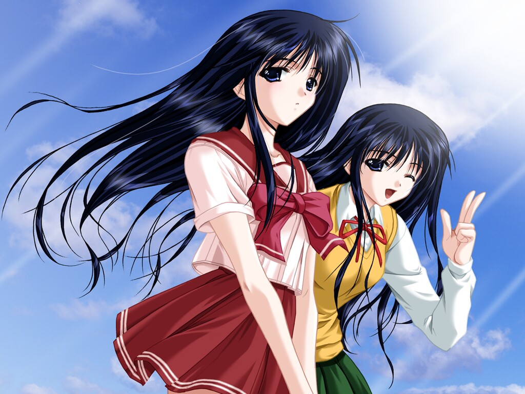 kurusugawa ayaka, kurusugawa serika, to heart, to heart (series), 2girls, black hair, blue eyes, cloud, day, multiple girls, one eye closed, school uniform, serafuku, siblings, sisters, sky, sweater vest, twins, wink