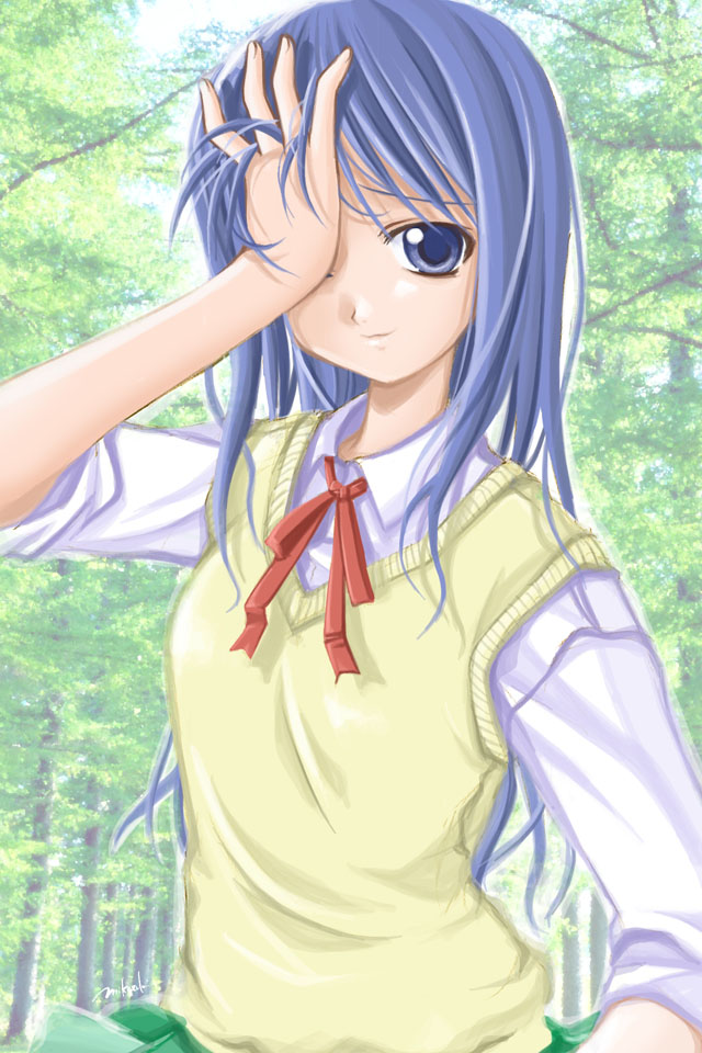 kurusugawa ayaka, to heart, to heart (series), 1girl, blue eyes, blue hair, female focus, matching hair/eyes, nature, outdoors, sleeves rolled up, solo, tree