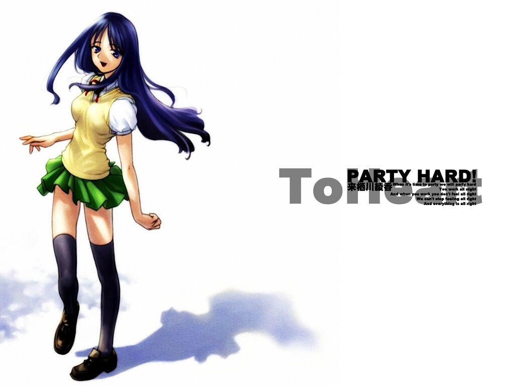 kurusugawa ayaka, to heart, to heart (series), 1girl, :d, black thighhighs, blue eyes, blue hair, copyright name, female focus, full body, green skirt, long hair, looking at viewer, matching hair/eyes, open mouth, over-kneehighs, school uniform, serafuku, shirt, short sleeves, skirt, smile, solo, standing, sweater vest, thighhighs, white shirt