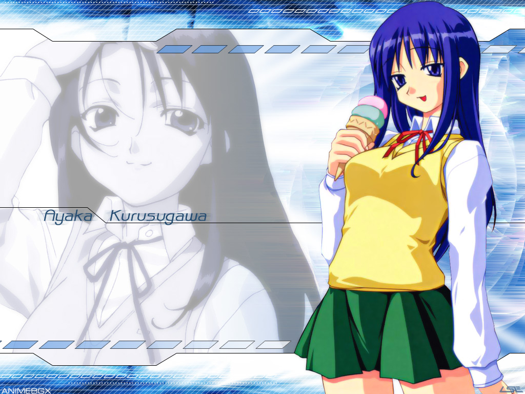 kurusugawa ayaka, to heart, to heart (series), 1girl, :p, blue eyes, blue hair, cowboy shot, female focus, food, green skirt, ice cream, ice cream cone, long sleeves, matching hair/eyes, school uniform, serafuku, shirt, skirt, solo, standing, sweater vest, tongue, tongue out, white shirt