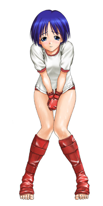 matsubara aoi, to heart, to heart (series), 1girl, blue eyes, blue hair, blush, buruma, female focus, gym uniform, matching hair/eyes, short hair, simple background, solo, white background