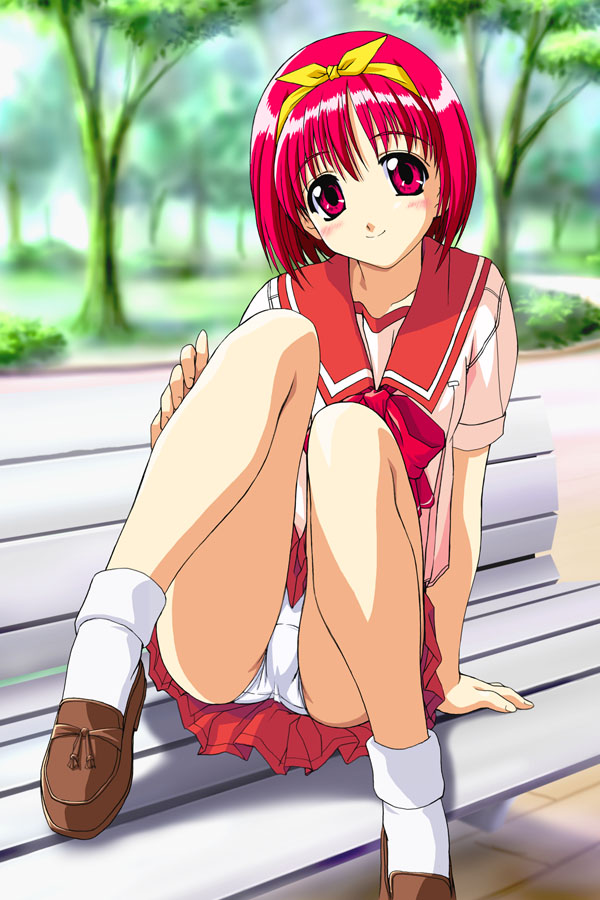 kamigishi akari, to heart, to heart (series), 1girl, arm support, blush, bow, female focus, hair ribbon, miniskirt, panties, pantyshot, park, pleated skirt, red eyes, red hair, ribbon, school uniform, serafuku, shoes, short hair, sitting, skirt, socks, solo, underwear, upskirt, white panties, white socks, yellow bow
