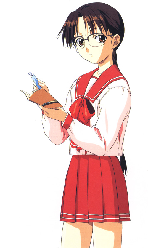hoshina tomoko, to heart, to heart (series), 1girl, female focus, pleated skirt, school uniform, serafuku, simple background, skirt, solo, white background