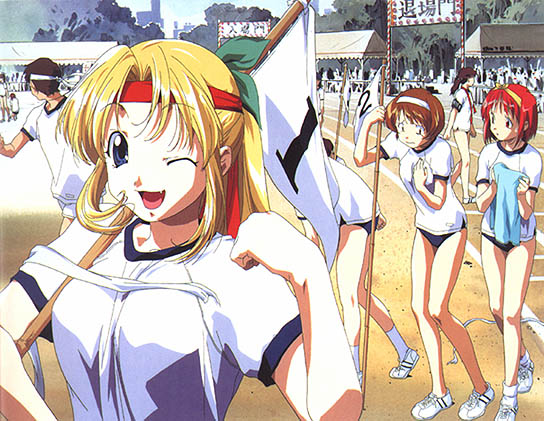 kamigishi akari, miyauchi lemmy, nagaoka shiho, to heart, to heart (series), 3girls, ;d, buruma, fang, flag, gym uniform, hairband, headband, multiple girls, numbered flag, one eye closed, open mouth, racing, running track, shoes, smile, sneakers, white flag