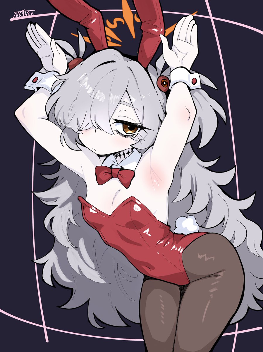 miketsushuu, kanoe (blue archive), blue archive, commentary request, highres, 1girl, alternate costume, animal ears, armpits, arms up, artist name, bags under eyes, black background, black choker, black pantyhose, bow, bowtie, breasts, brown eyes, choker, cowboy shot, detached collar, fake animal ears, grey hair, hair over one eye, half-closed eyes, halo, leotard, light frown, long bangs, long hair, looking at viewer, messy hair, orange halo, pale skin, pantyhose, parted bangs, playboy bunny, rabbit ears, rabbit pose, red bow, red bowtie, red leotard, short twintails, sidelocks, sideways glance, small breasts, solo, strapless, strapless leotard, twintails, very long hair, white wrist cuffs, wrist cuffs