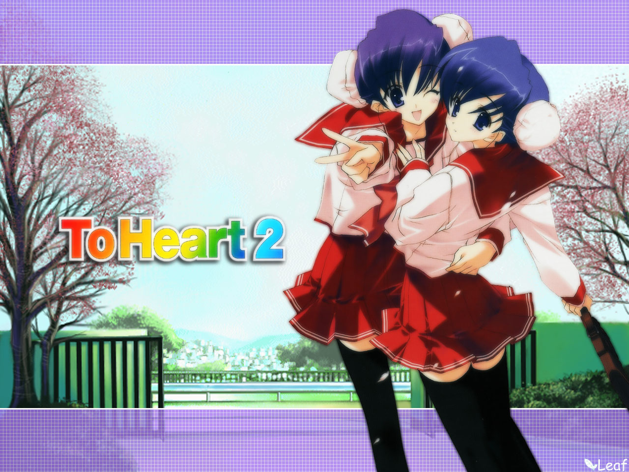 nakamura takeshi, himeyuri, himeyuri ruri, himeyuri sango, to heart (series), to heart 2, black legwear, official art, official wallpaper, 00s, 2girls, ;d, arm around waist, bag, blue eyes, blue hair, blush, bow, briefcase, building, bun cover, bush, cherry blossoms, cityscape, closed mouth, company name, copyright name, day, double bun, expressionless, fence, foreshortening, from side, gate, grid, hair between eyes, hair bun, hand on another's back, hand on another's chest, happy, head tilt, holding, holding bag, hug, legs apart, legs together, letterboxed, logo, long sleeves, looking at viewer, looking back, miniskirt, multiple girls, one eye closed, open mouth, outstretched arm, petals, photo background, pleated skirt, purple eyes, purple hair, railing, red skirt, school bag, school uniform, serafuku, shirt, short hair, siblings, sisters, skirt, sky, smile, standing, thighhighs, transparent, tree, twins, v, white shirt, zettai ryouiki