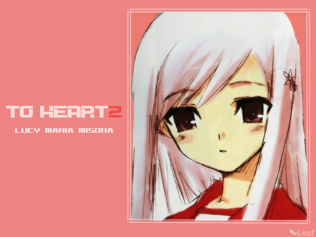 kawata hisashi, lucy maria misora, to heart (series), to heart 2, framed, official art, 00s, 1girl, blush, brown eyes, character name, company name, copyright name, female focus, hair ornament, hairclip, logo, long hair, looking at viewer, parted lips, pink background, portrait, purple eyes, school uniform, serafuku, sidelocks, simple background, sketch, solo, straight hair, white hair