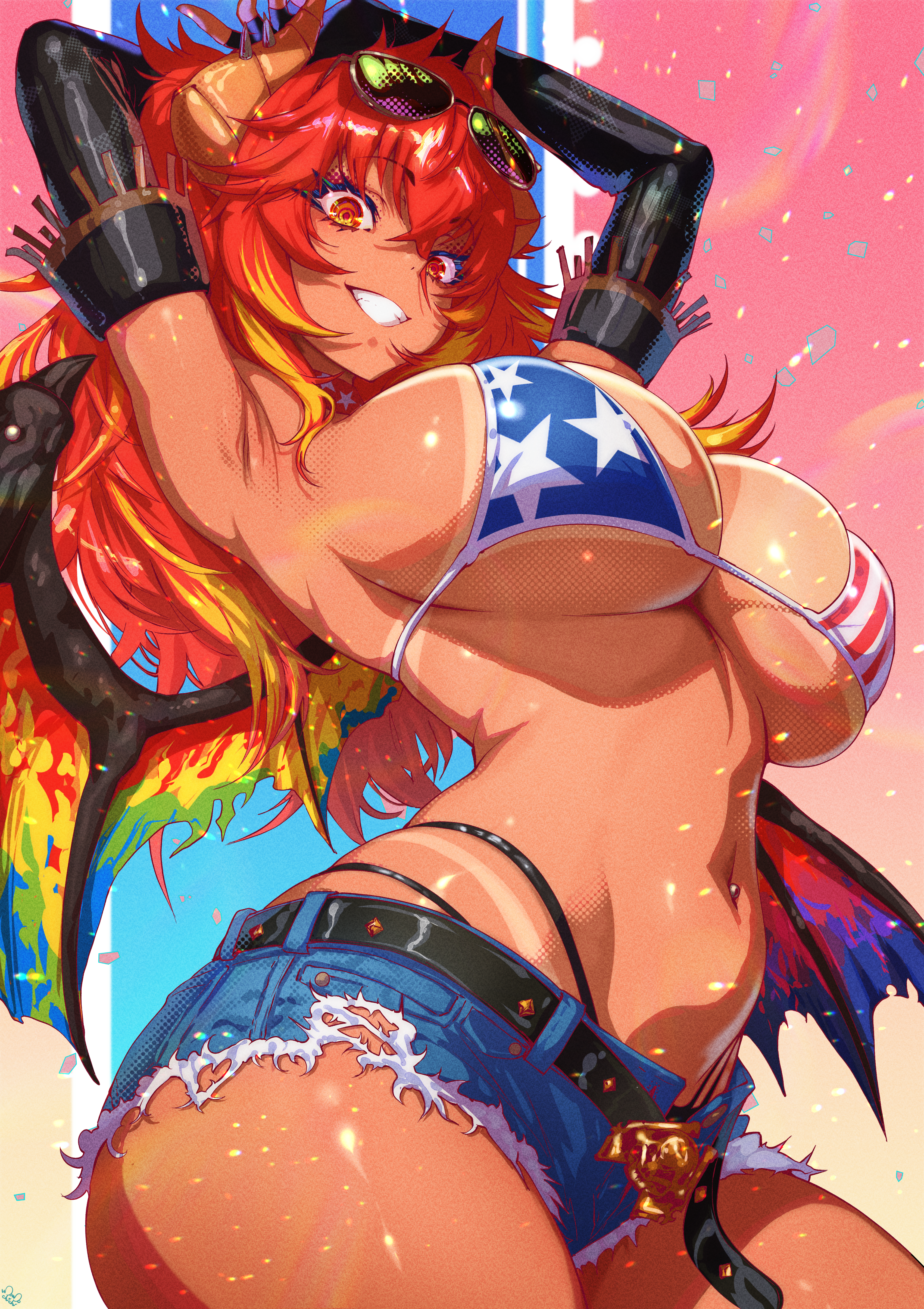 momoyama tits, zentreya, zentreya (cowboy bikini), zentreya (dragon), indie virtual youtuber, absurdres, highres, 1girl, american flag, american flag bikini, american flag print, arms behind back, arms up, belt, bikini, black belt, blue bikini, blue shorts, breasts, closed mouth, dragon girl, dragon horns, dragon wings, eyewear on head, flag print, flag print bikini, horns, large breasts, long hair, multicolored bikini, navel, print bikini, red bikini, red hair, shorts, smile, solo, star print bikini, sunglasses, swimsuit, tan, two-tone bikini, underboob, virtual youtuber, wings, yellow eyes