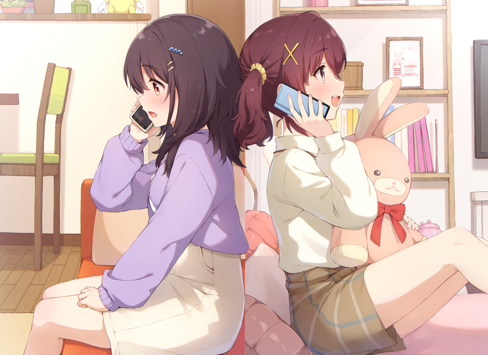 cohiyuri, furutachi kurea, kawai mako, hibi wa sugiredo meshi umashi, commentary request, highres, 2girls, bedroom, black hair, bookshelf, brown eyes, brown shorts, cellphone, chair, couch, feet out of frame, from side, hair ornament, hair scrunchie, hairclip, hand up, holding, holding phone, indoors, living room, long hair, long sleeves, medium hair, multiple girls, on bed, on couch, open mouth, parallel hairclips, phone, purple sweater, red hair, scrunchie, short shorts, shorts, sideways mouth, sitting, skirt, slice of life, smartphone, split screen, stuffed animal, stuffed rabbit, stuffed toy, sweater, sweater tucked in, talking on phone, twintails, white skirt, white sweater, wooden floor, x hair ornament, yellow scrunchie
