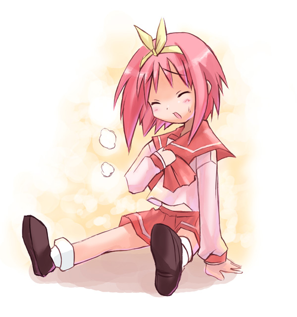 shihira tatsuya, hiiragi tsukasa, kamigishi akari, lucky star, to heart, to heart (series), 1girl, blush, bow, closed eyes, dot nose, female focus, look-alike, open mouth, parody, red hair, sailor, school uniform, serafuku, shoes, sitting, socks, solo, white socks, yellow bow