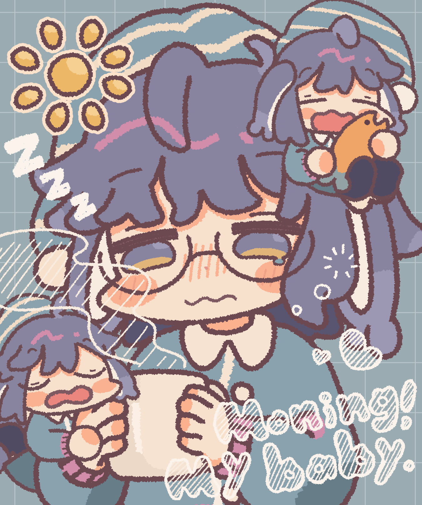 hishimatope, vrchat, highres, 1girl, black-framed eyewear, blue eyes, blue hair, blush, chibi, closed mouth, coffee mug, cup, glasses, holding, holding cup, long sleeves, mug, open mouth, pajamas, round eyewear, short hair, solo, usasaki (vrchat), wavy mouth, yawning
