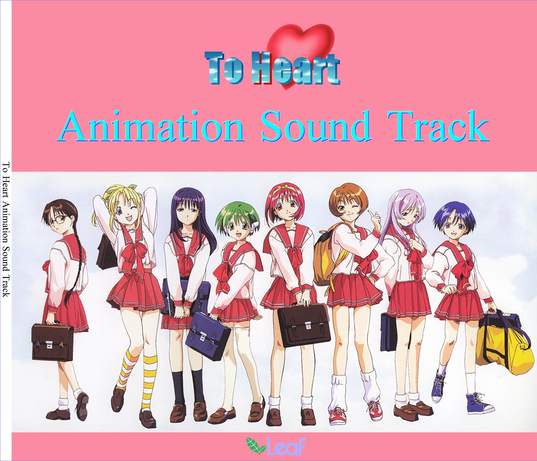 himekawa kotone, hoshina tomoko, kamigishi akari, kurusugawa serika, matsubara aoi, miyauchi lemmy, multi (to heart), nagaoka shiho, to heart, to heart (series), striped legwear, white legwear, highres, 6+girls, ankle socks, arm behind back, bag, blonde hair, blue hair, braid, briefcase, brown hair, copyright name, duffel bag, english text, everyone, full body, glasses, green hair, half-closed eyes, hand on own hip, high ponytail, high tops, holding, holding bag, kneehighs, loose socks, miniskirt, multiple girls, parted bangs, pink shoes, ponytail, purple hair, red hair, school bag, school briefcase, school uniform, serafuku, shoes, simple background, single braid, skirt, sneakers, socks, striped clothes, striped socks, sweater, thighhighs, white background, white sweater