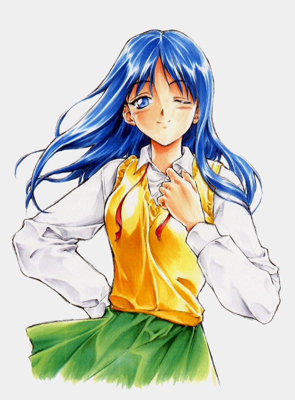 kurusugawa ayaka, to heart, to heart (series), 1girl, blue eyes, blue hair, cowboy shot, female focus, grey background, looking at viewer, matching hair/eyes, ribbon, school uniform, serafuku, simple background, skirt, smile, solo, sweater vest, upper body